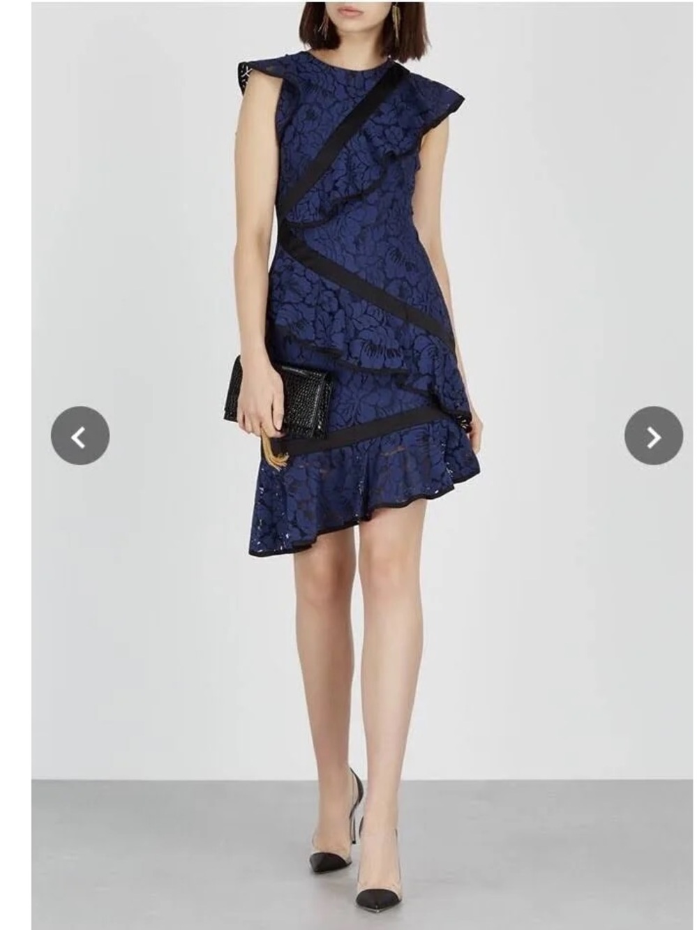 KEEPSAKE the Label Royal Blue Lace Ruffled Midi Dress with Black Trim